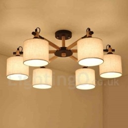 Moderný súčasný 6 ľahký jednoposchodový drevený luster s bubnovou tkaninou (čiernobiely)