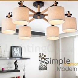 Moderný súčasný 6 ľahký jednoposchodový drevený luster s bubnovou tkaninou (čiernobiely)