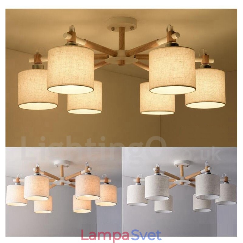 Moderný súčasný 6 ľahký jednoposchodový drevený luster s bubnovou tkaninou (čiernobiely)