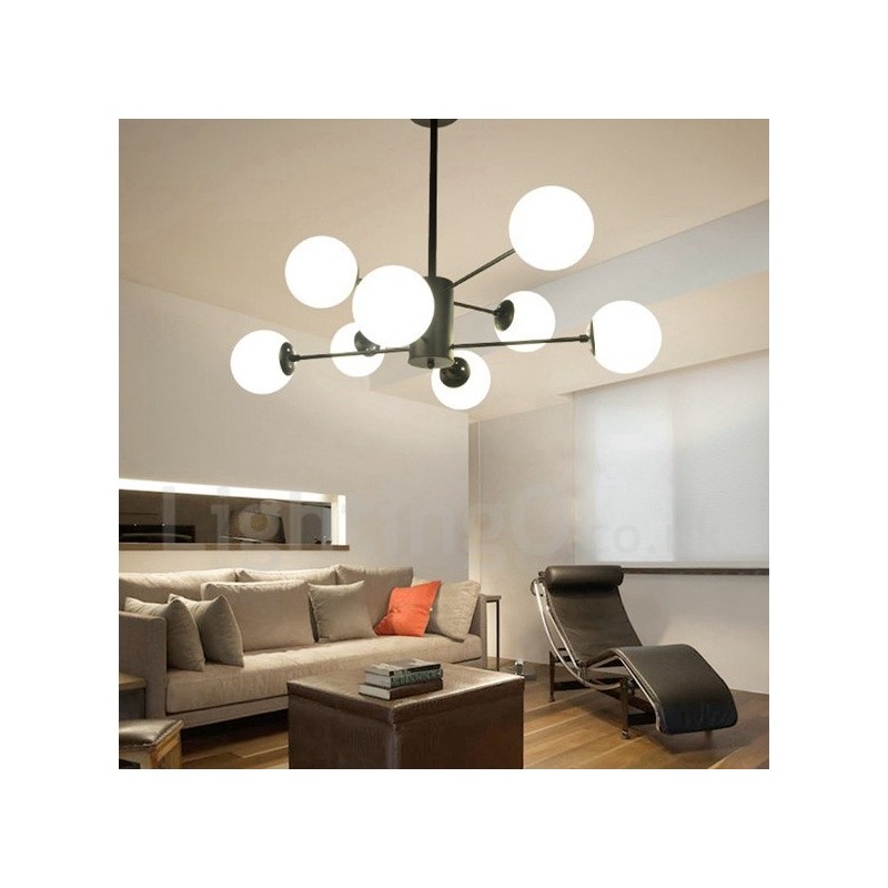 Čierny 8 ľahký moderný súčasný 2-poschodový kovový luster so skleneným tienidlom