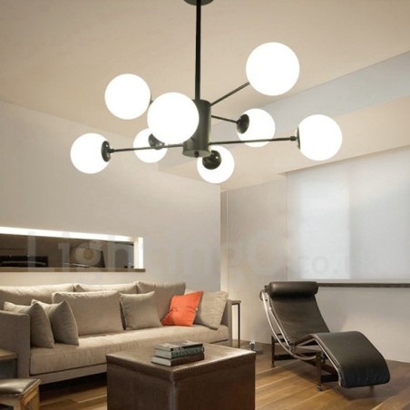 Čierny 8 ľahký moderný súčasný 2-poschodový kovový luster so skleneným tienidlom