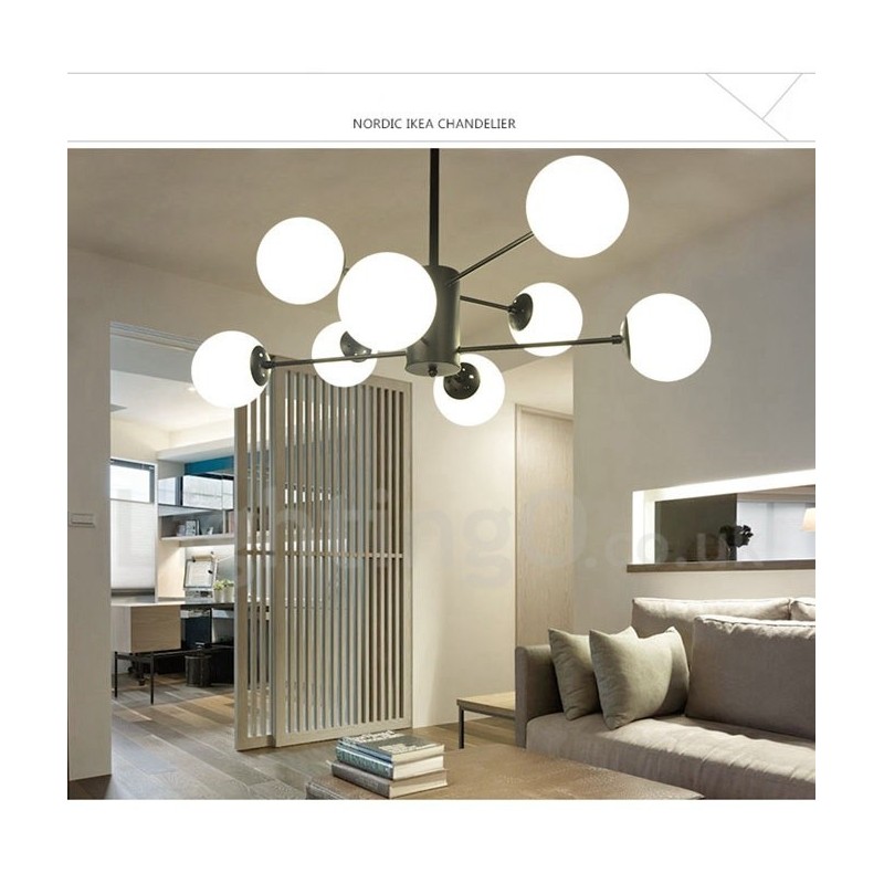 Čierny 8 ľahký moderný súčasný 2-poschodový kovový luster so skleneným tienidlom