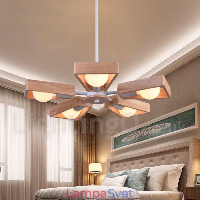 Drevená jednovrstvová lustrová lampa v modernom súčasnom štýle