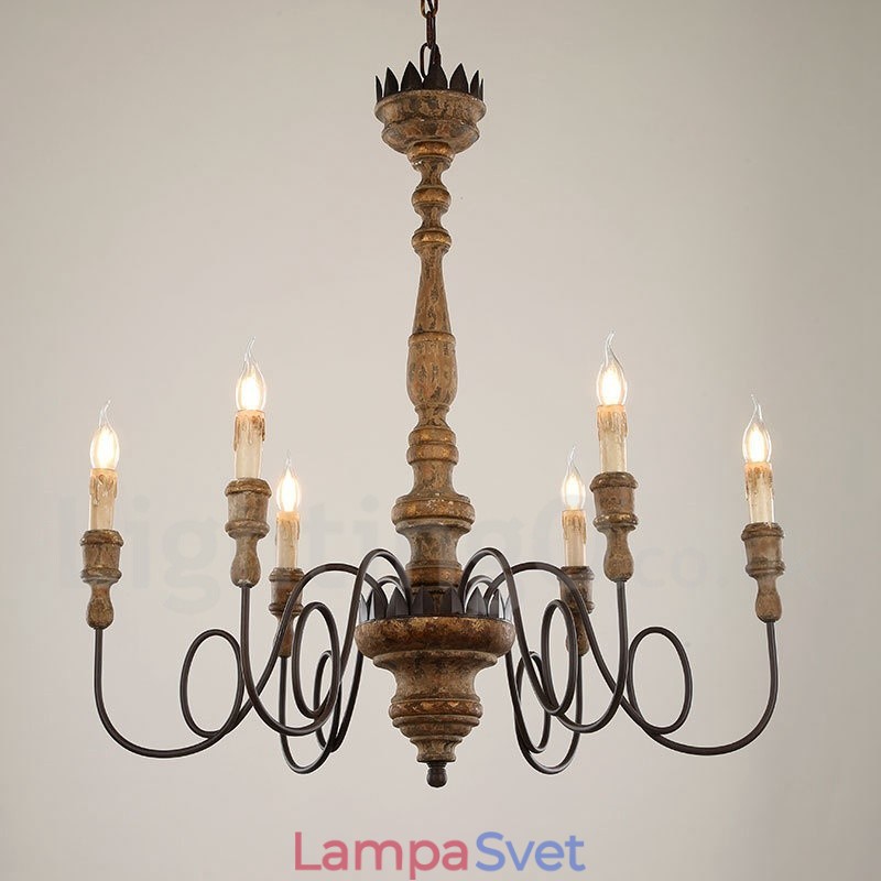 Vidiecky vintage drevený 6 svetelný luster Light