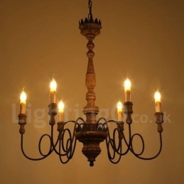 Vidiecky vintage drevený 6 svetelný luster Light