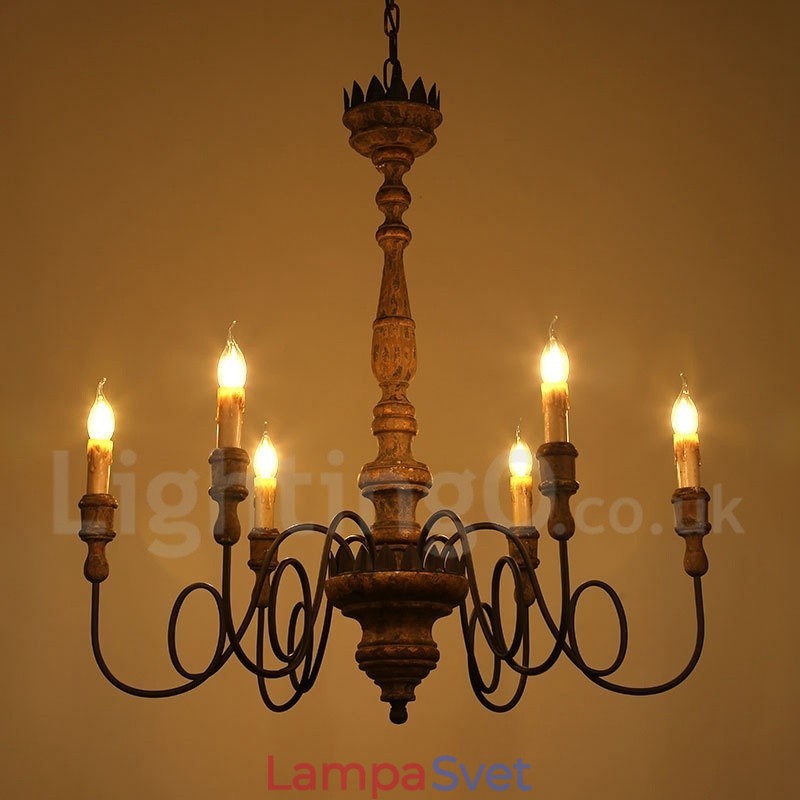 Vidiecky vintage drevený 6 svetelný luster Light