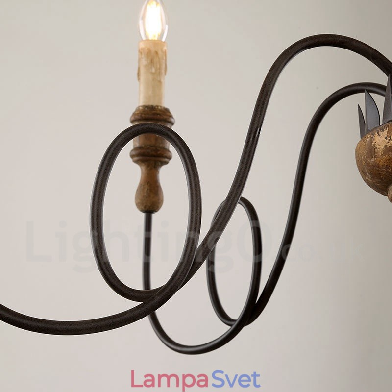 Vidiecky vintage drevený 6 svetelný luster Light