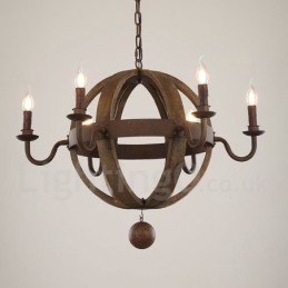 Vidiecka vintage drevená lustrová lampa so 6 svetlami