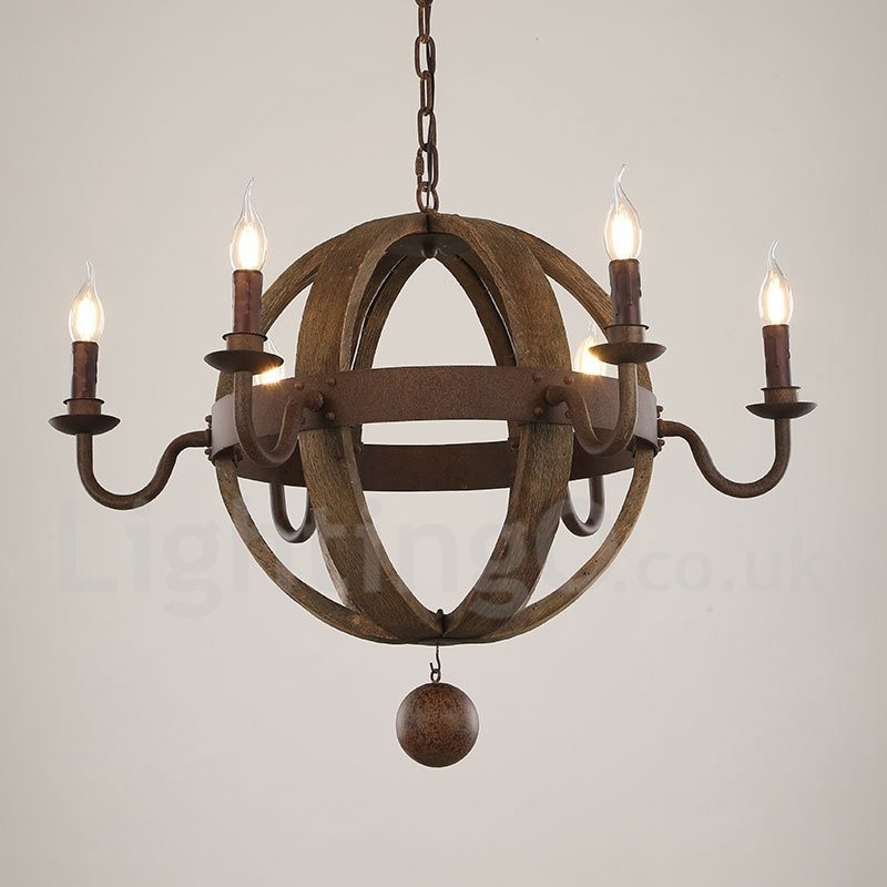 Vidiecka vintage drevená lustrová lampa so 6 svetlami
