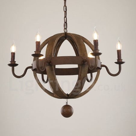 Vidiecka vintage drevená lustrová lampa so 6 svetlami Vidiecka vintage drevená lustrová lampa so 6 svetlami