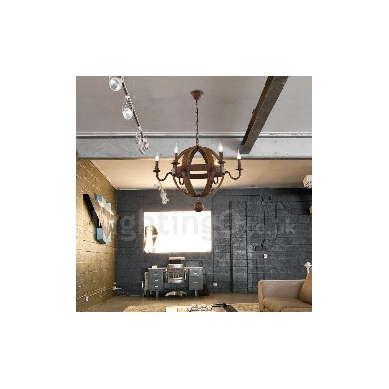 Vidiecka vintage drevená lustrová lampa so 6 svetlami