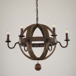 Vidiecka vintage drevená lustrová lampa so 6 svetlami