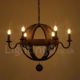 Vidiecka vintage drevená lustrová lampa so 6 svetlami