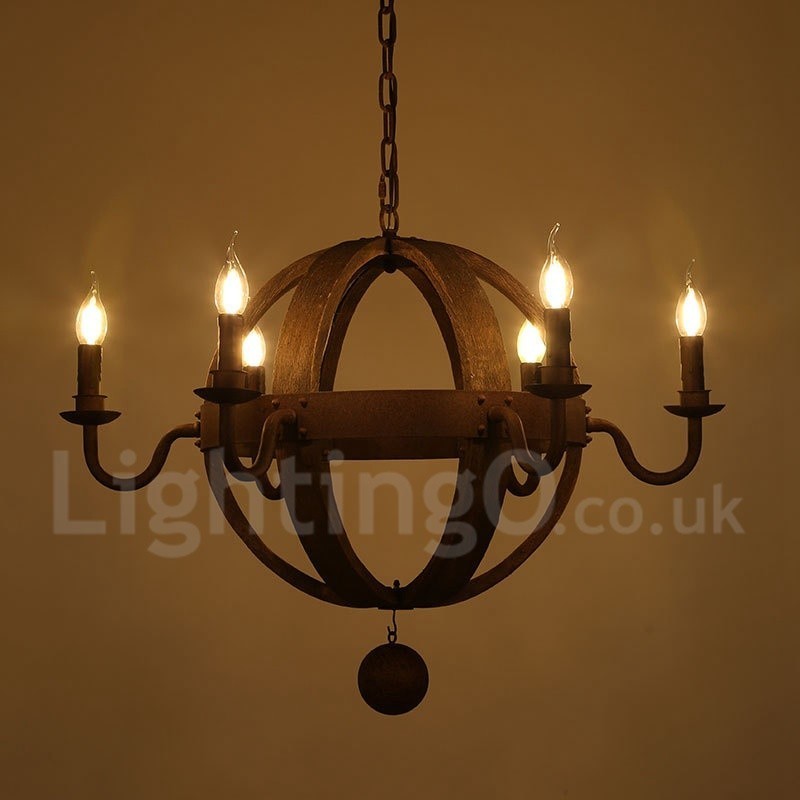Vidiecka vintage drevená lustrová lampa so 6 svetlami