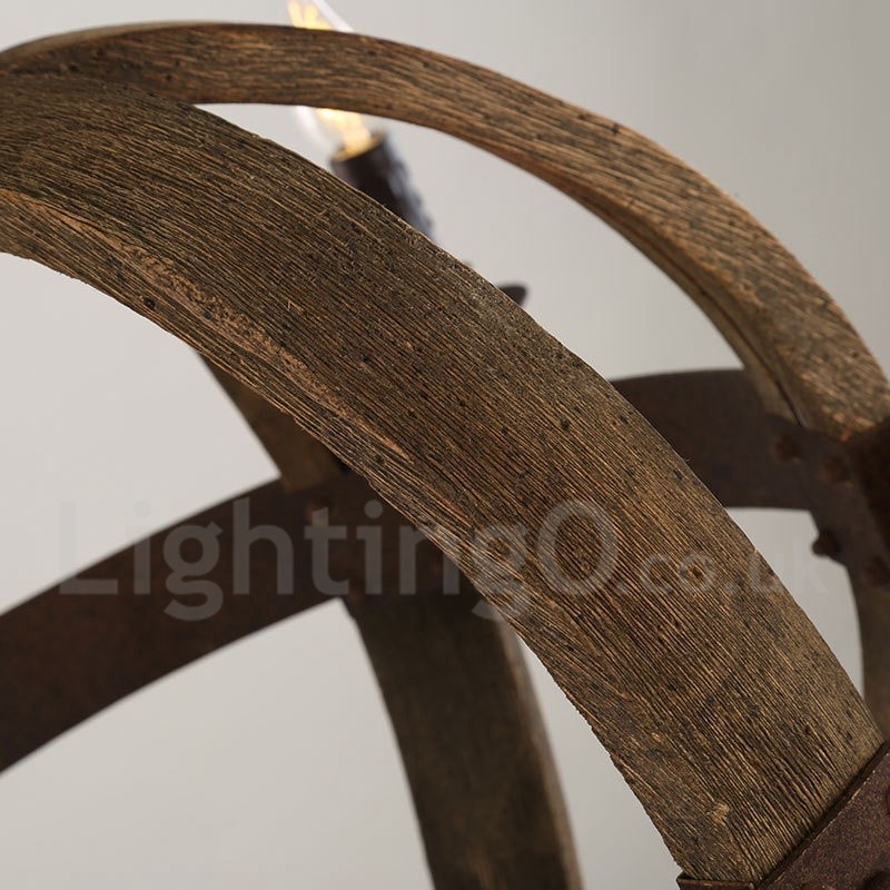Vidiecka vintage drevená lustrová lampa so 6 svetlami