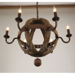 Vidiecka vintage drevená lustrová lampa so 6 svetlami