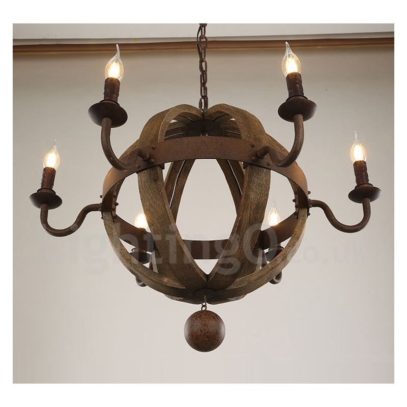 Vidiecka vintage drevená lustrová lampa so 6 svetlami