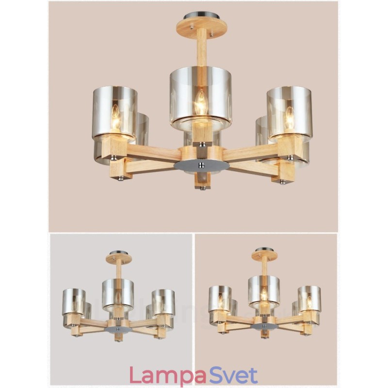 6 Luster zo svetlého dreva Moderný súčasný severský štýl so skleneným tienidlom