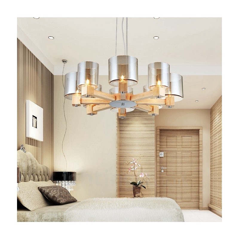 8 Luster zo svetlého dreva Moderný súčasný severský štýl so skleneným tienidlom