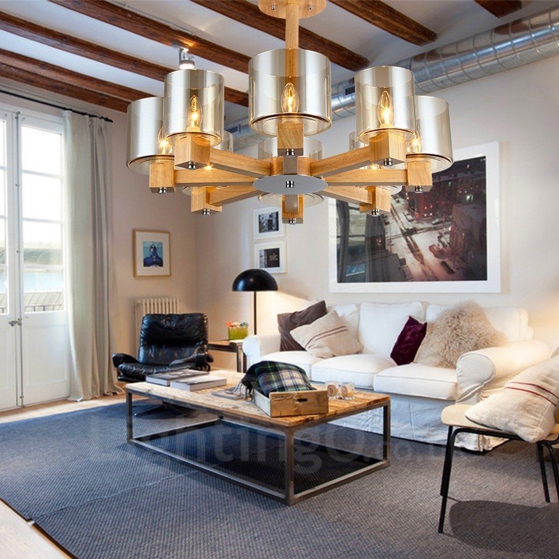8 Luster zo svetlého dreva Moderný súčasný severský štýl so skleneným tienidlom