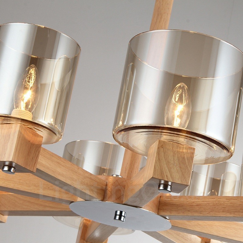 8 Luster zo svetlého dreva Moderný súčasný severský štýl so skleneným tienidlom