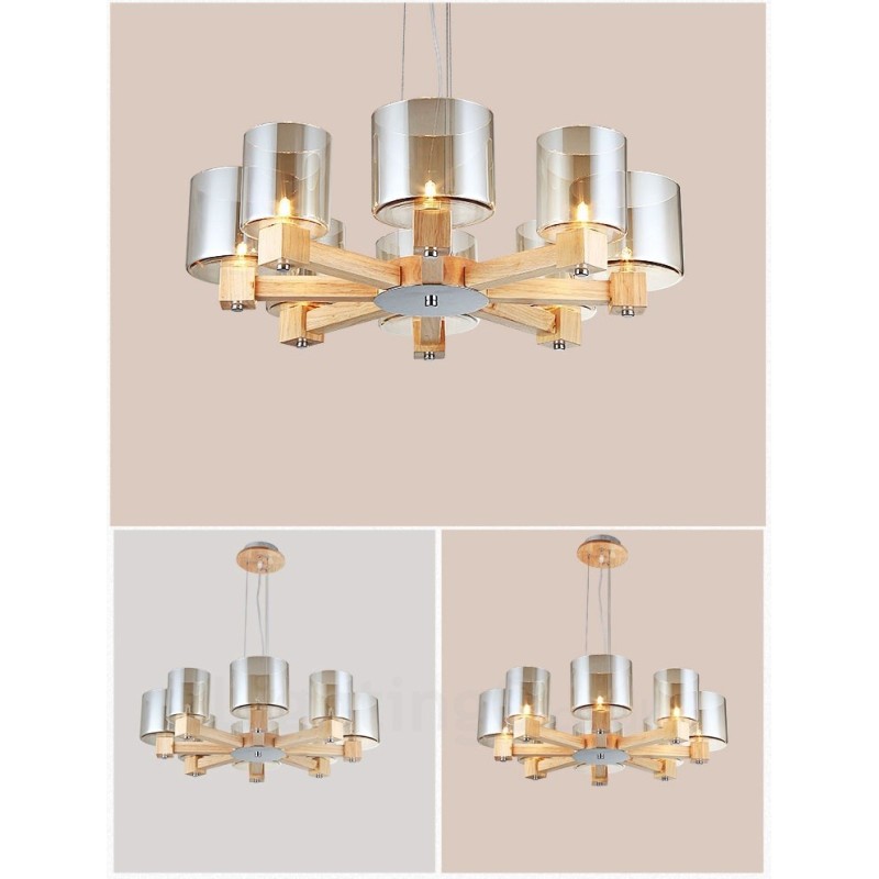 8 Luster zo svetlého dreva Moderný súčasný severský štýl so skleneným tienidlom