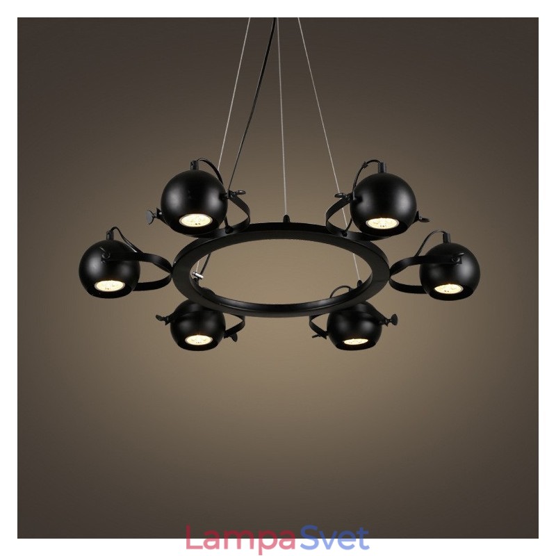 6 ľahkých retro vintage čiernych železných závesných svietidiel s tienidlami čiernej železnej gule