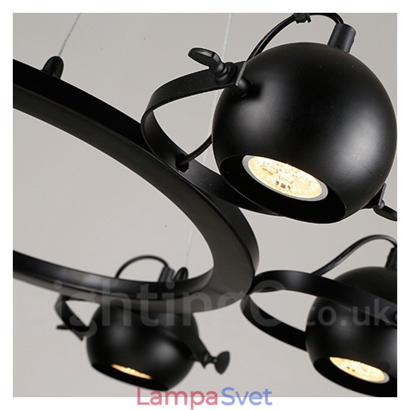 6 ľahkých retro vintage čiernych železných závesných svietidiel s tienidlami čiernej železnej gule