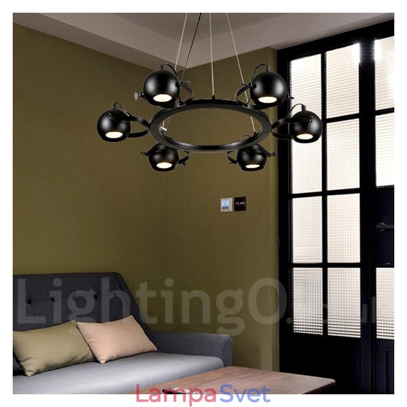 6 ľahkých retro vintage čiernych železných závesných svietidiel s tienidlami čiernej železnej gule