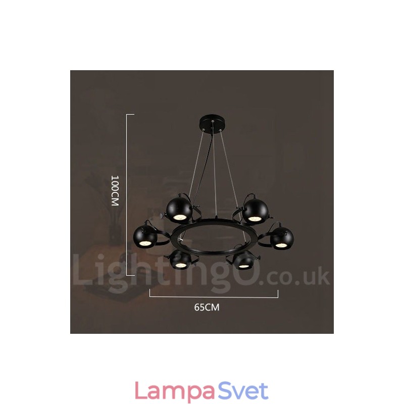 6 ľahkých retro vintage čiernych železných závesných svietidiel s tienidlami čiernej železnej gule