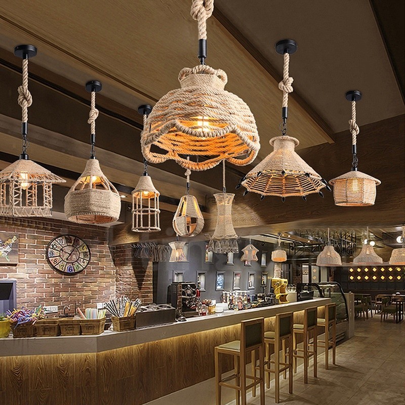 1 Light Rustic Lodge Pendant Light Cafe Konopné lano Závesná lampa