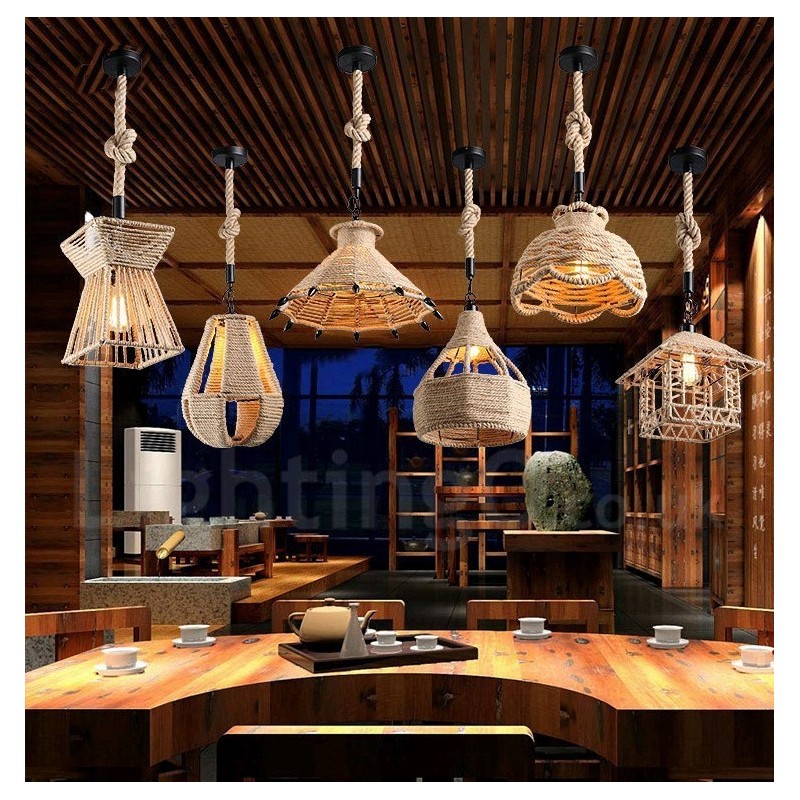 1 Light Rustic Lodge Pendant Light Cafe Konopné lano Závesná lampa