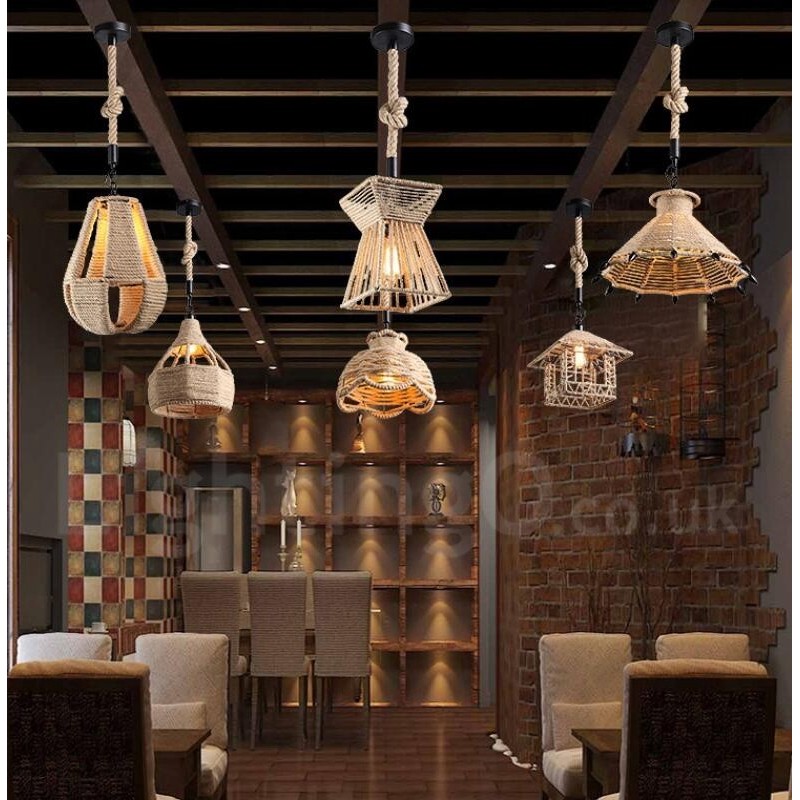 1 Light Rustic Lodge Pendant Light Cafe Konopné lano Závesná lampa
