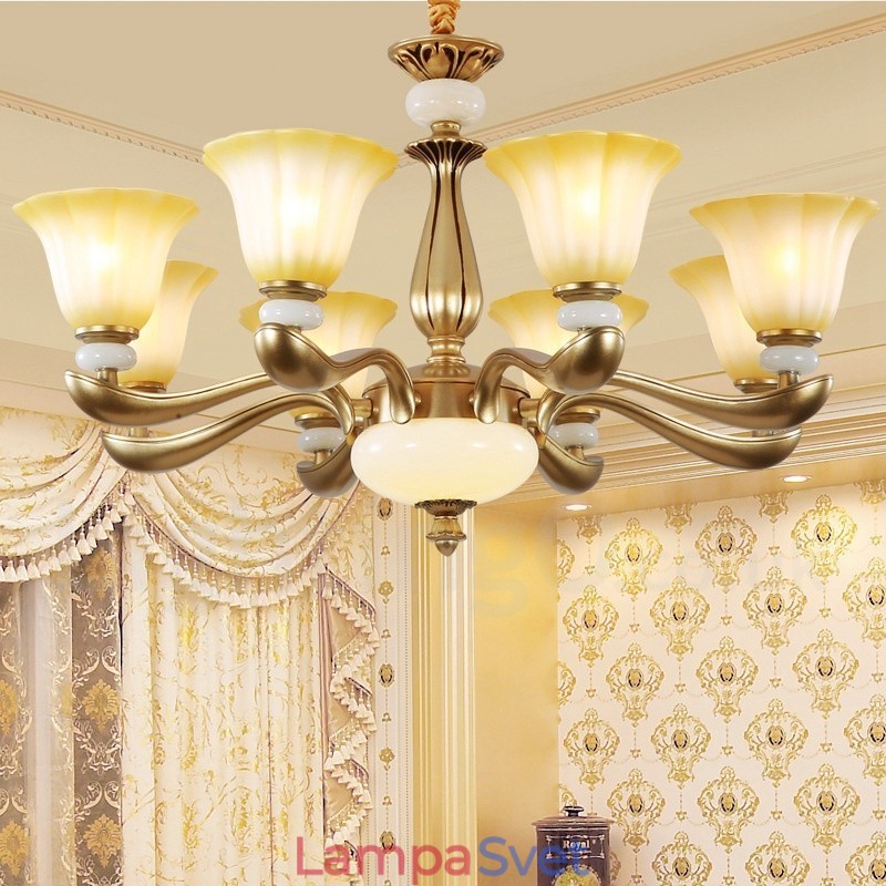 8 Ľahký retro tradičný luxusný luster zo zliatiny zinku so skleneným tienidlom
