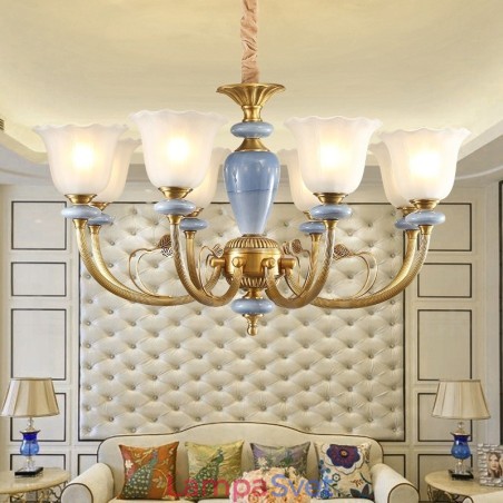 8 Ľahký retro rustikálny luxusný mosadzný závesný lampový luster so skleneným tienidlom