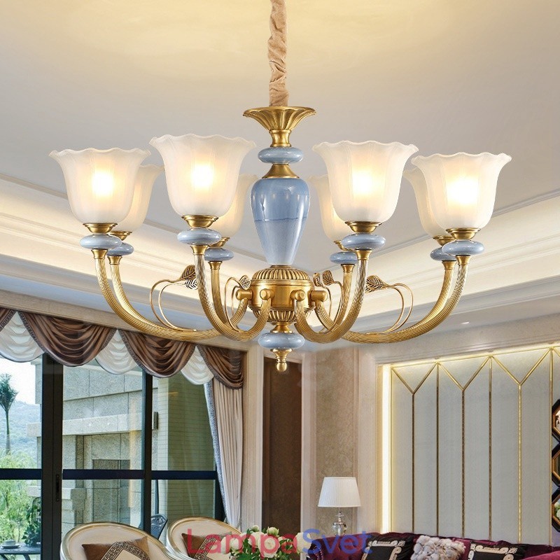 8 Ľahký retro rustikálny luxusný mosadzný závesný lampový luster so skleneným tienidlom