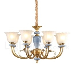 8 Ľahký retro rustikálny luxusný mosadzný závesný lampový luster so skleneným tienidlom