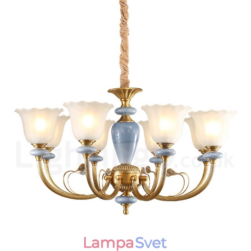 8 Ľahký retro rustikálny luxusný mosadzný závesný lampový luster so skleneným tienidlom