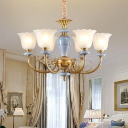 6 Ľahký retro rustikálny luxusný mosadzný závesný luster so skleneným tienidlom