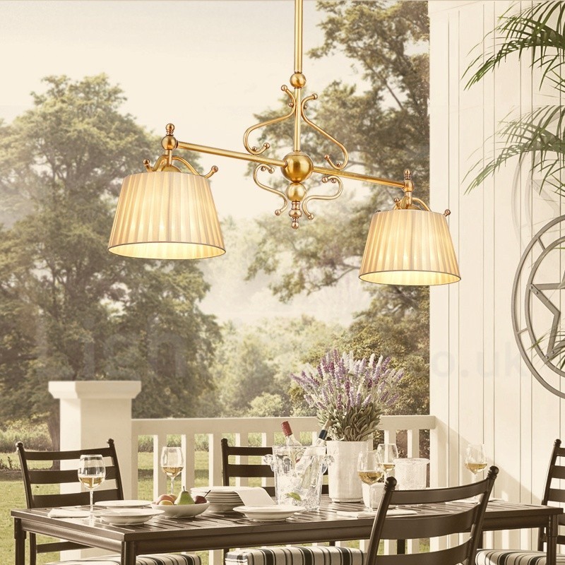 2 Ľahký retro rustikálny luxusný mosadzný závesný luster s látkovým tienidlom