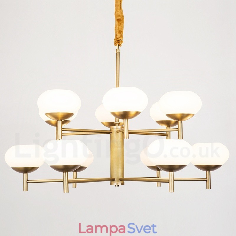 12 Ľahký retro rustikálny luxusný mosadzný závesný lampový luster so skleneným tienidlom