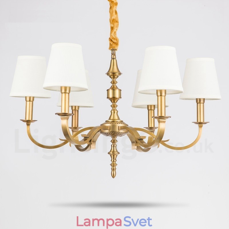 6 Ľahký retro rustikálny luxusný mosadzný závesný luster s látkovým tienidlom