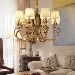 8 Ľahký retro rustikálny luxusný mosadzný závesný luster s látkovým tienidlom