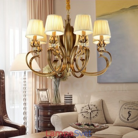 8 Ľahký retro rustikálny luxusný mosadzný závesný luster s látkovým tienidlom 8 Ľahký retro rustikálny luxusný mosadzný závesný luster s látkovým tienidlom