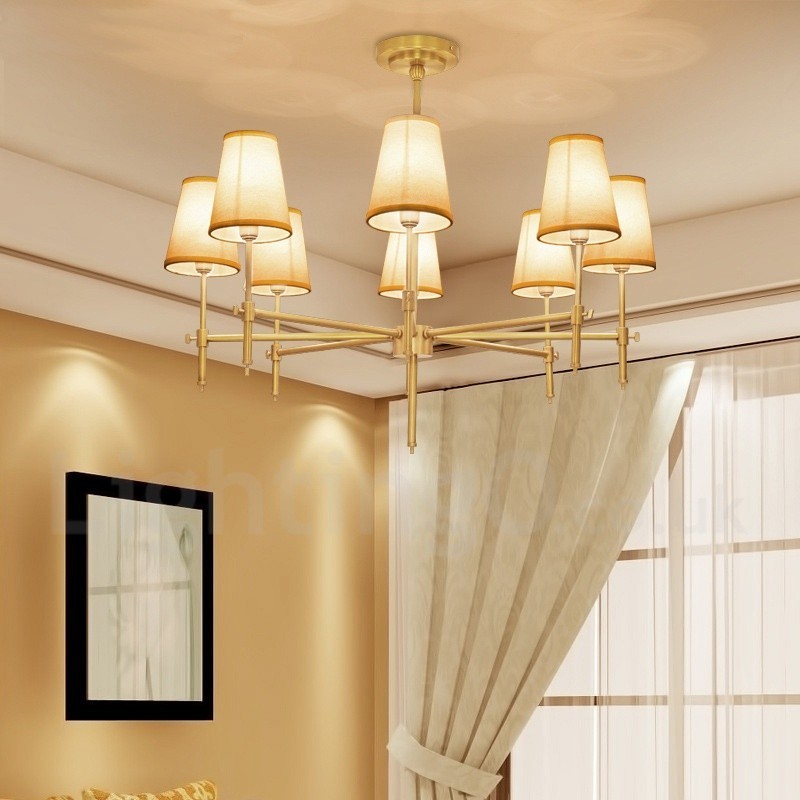 8 Ľahký retro rustikálny luxusný mosadzný závesný luster s látkovým tienidlom