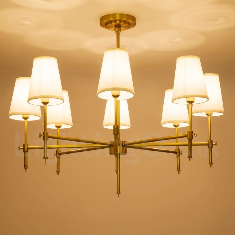 8 Ľahký retro rustikálny luxusný mosadzný závesný luster s látkovým tienidlom