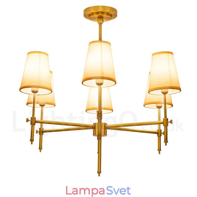 6 Ľahký retro rustikálny luxusný mosadzný závesný luster s látkovým tienidlom
