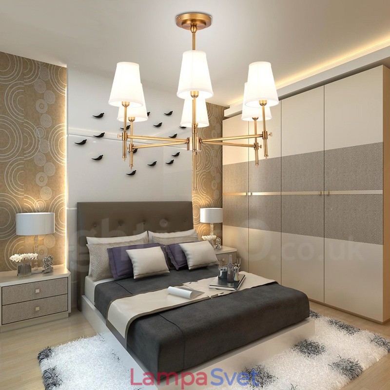 6 Ľahký retro rustikálny luxusný mosadzný závesný luster s látkovým tienidlom