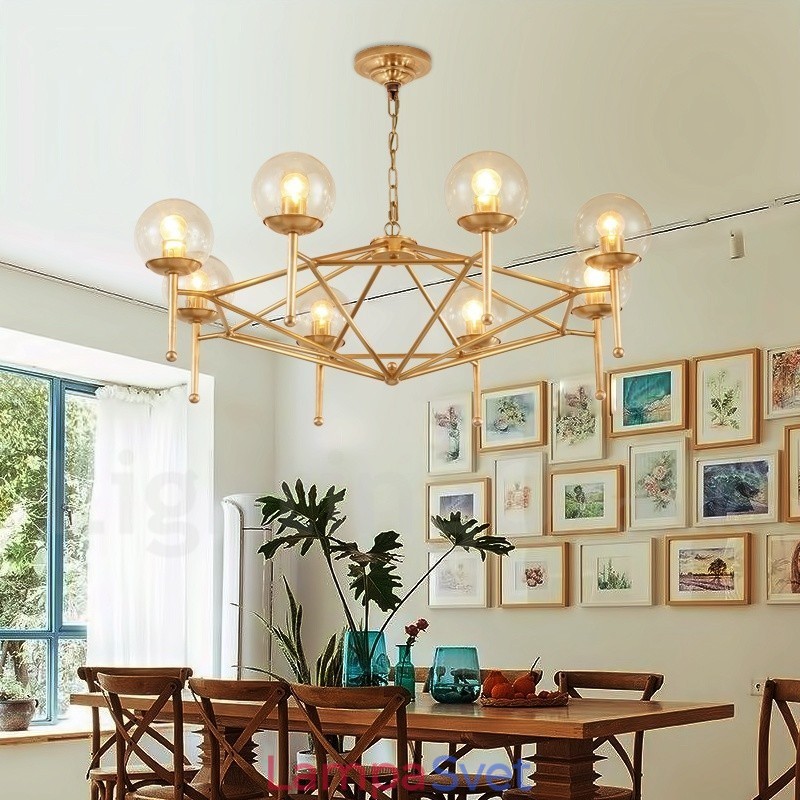 6 Ľahký retro rustikálny luxusný mosadzný závesný luster so skleneným tienidlom