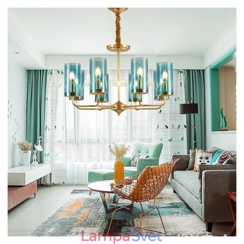 8 Ľahký retro rustikálny luxusný mosadzný závesný lampový luster so skleneným tienidlom